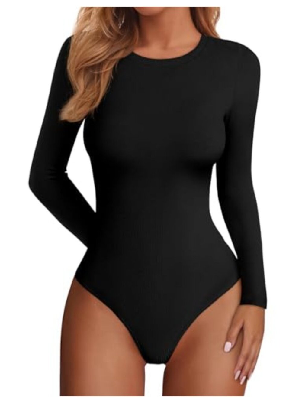 Long Sleeve Bodysuit Ribbed Knit Crew Neck Snap Closure Women's Top